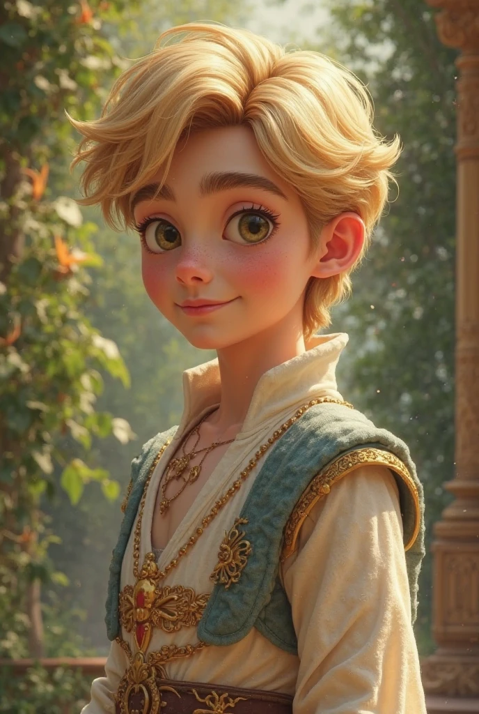 a character from , with blond hair and blue eyes with delicate features, her hair is blonde a little curly and messy, with a blue long-sleeved blouse with medieval style laces, it&#39;s a boy 