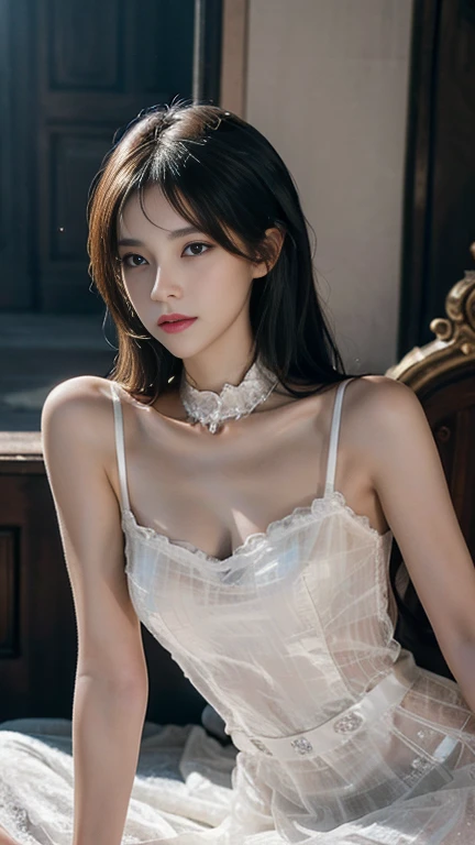 best quality,masterpiece,extremely detailed,high res,4k,ultra high res,detailed shadow,ultra realistic,realistic,dramatic lighting,1girl,solo,detailed face,realistic eyes,realistic skin,white dress,purple hair,dynamic pose, white lace dress