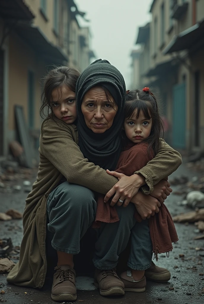 A poor woman is crying with her children in house 