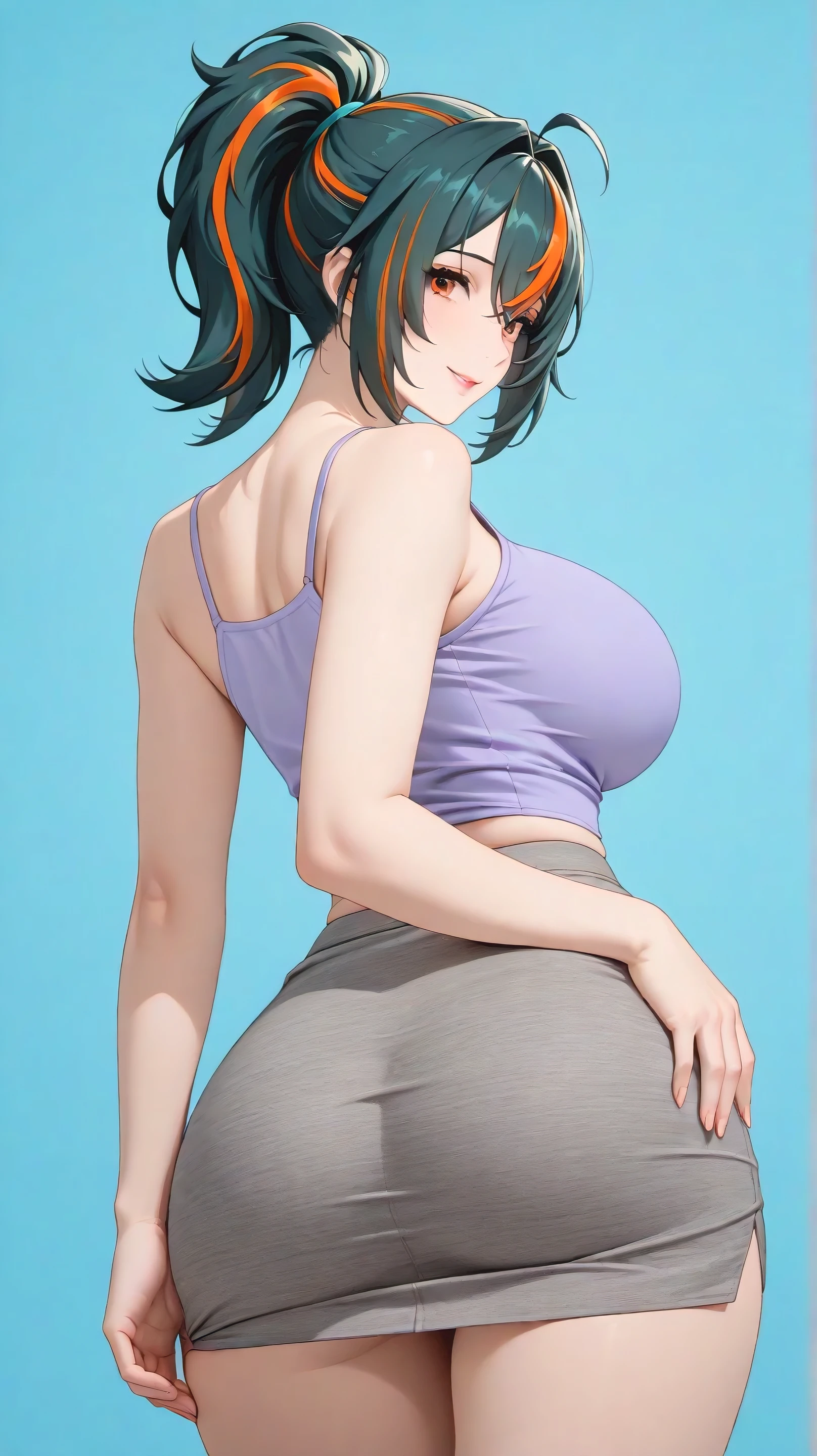 masterpiece, extremely detailed,realisric skin texture,4k,solo,1girl,adult ,((fullbody)),zhu yuan,ponytail streaked hair,happy,slim body, sexy legs,perfect body,large breasts,housewife,grey hot skirt, oversize purple tshirt,soft light, high detailed, best quality, upper body,, blue plain background ,blue background,looking at viewers,back look,sexy pose, photography,cowboy shot,doggy style, printed pattern using costume attractive design and royal looks.