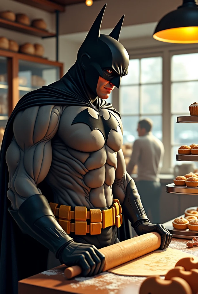 Carioca Batman with rifles on his back buying bread at the pharmacy's marijuana bakery