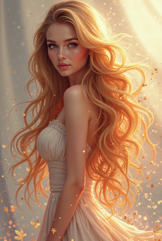Painting of a woman with long brown hair and a flower in her hair, detailed hazy hair, shiny wlop skin, realistic shaded perfect face, ethereal vaporous tanned skin, shiny flowing hair, long shiny ethereal hair, LBLSCK hair, stylized portrait H 640, realistic shaded perfect face, sensual expression, detailed sensual face, detailed realistic face