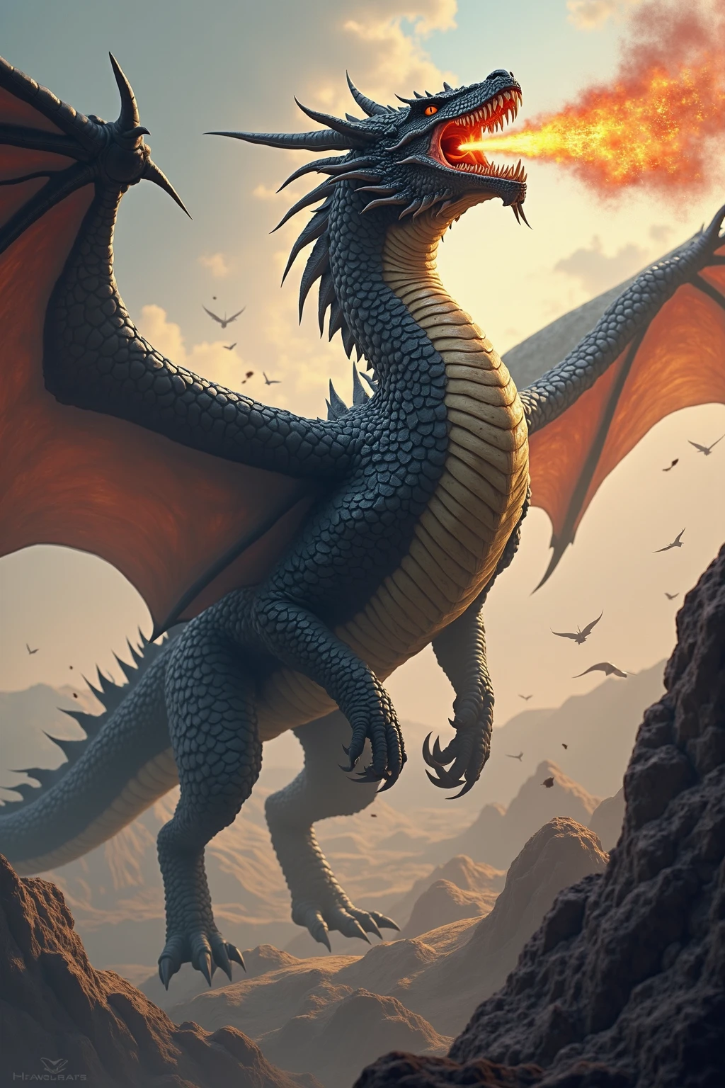 There is a big dragon with a huge head and a huge body, epic fantasy card game art, highly detaileof fantasy art, detailed digital 2of fantasy art, epic fantasy art, detaileof fantasy art, epic fantasy card game art, dungeon's & dragons fantasy art, hyperrealistic d & of fantasy art, symmetrical spectacular fantasy art, he is on top of a hill