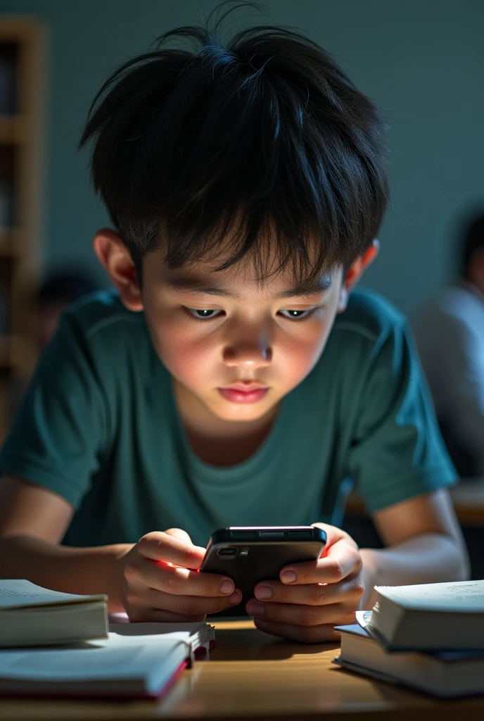 A boy with a phone playing games and her mom looking him from his behind with an angry face
She is not his closer keep some distance