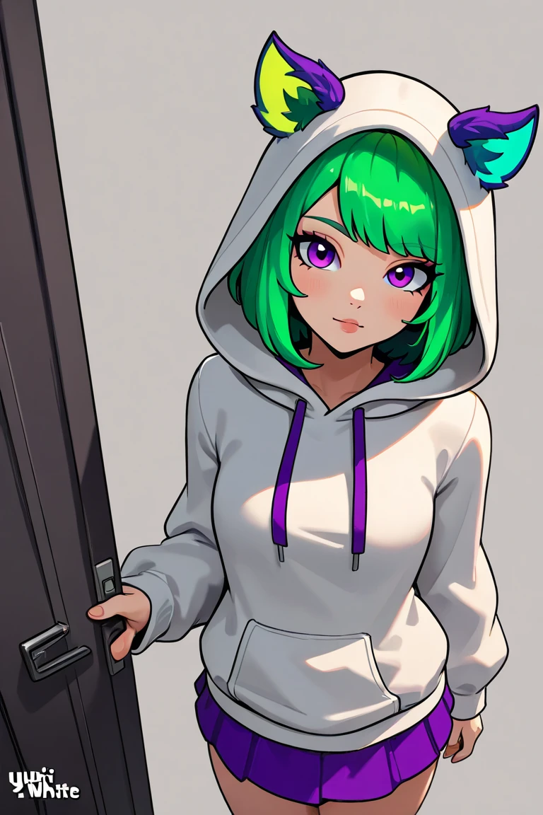 a anime kawaii girl, wearing cute green animal hoddie, cover head, white hair, shy, blush, front view, knees down, over look, beautiful, masterpiece, best quality, Rimuu