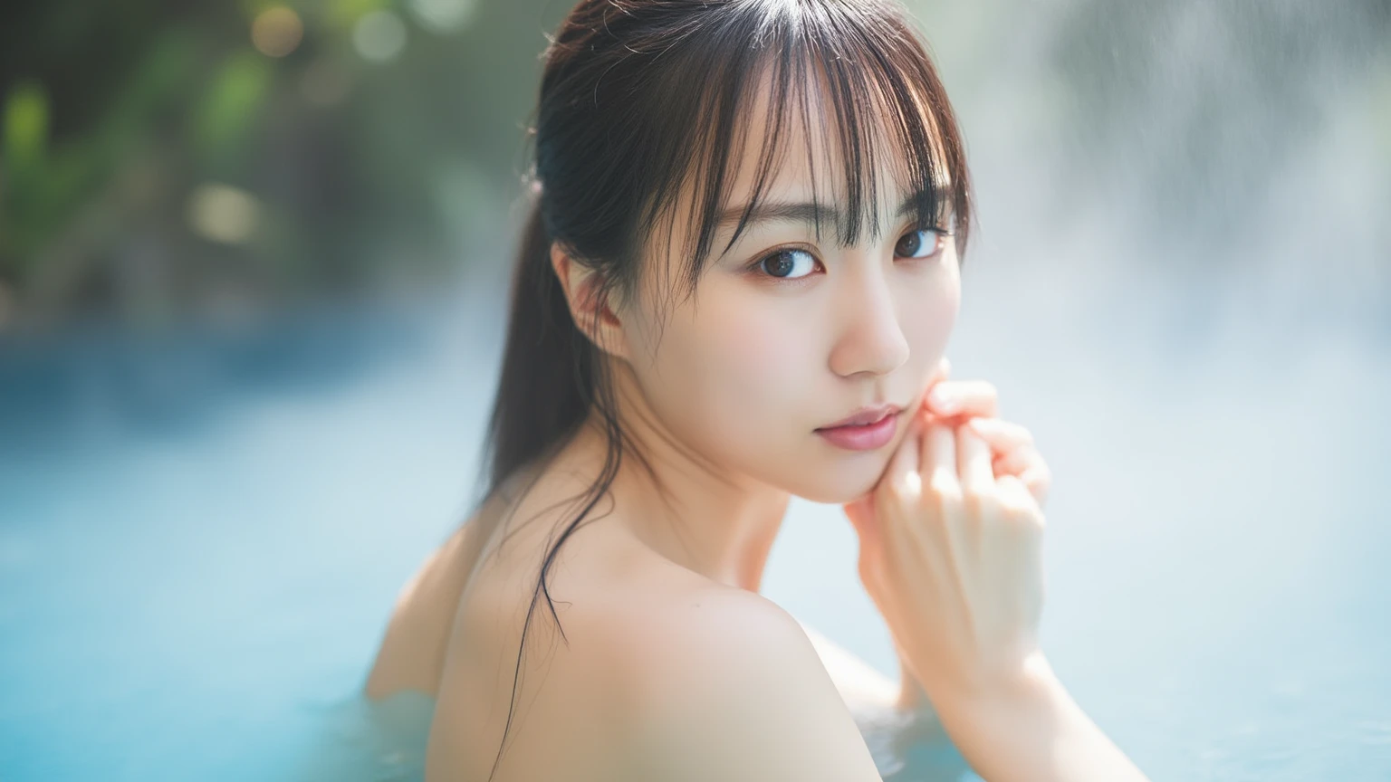 beautiful lips, cinematic, (work of art), (best qualityer), (ultra detali), very aesthetic, illustration, perfect composition, intricate details, absurderes, face detailed, (アニメ, work of art, intricate:1.3), (best qualityer, hire textures, high détail:1.2), (4K),(incredibily detailed:1.4) 《work of art》, 《best qualityer》, 《ultra detali》, hot spring, mist, stones, Cherry blossoms, glittery mist, moonlights, sky, lots of stars in the sky, water reflections of the night sky, floating lanterns above the water, flower petals in water, moon in the sky, Estilo de arte アニメ, worldofmist,
