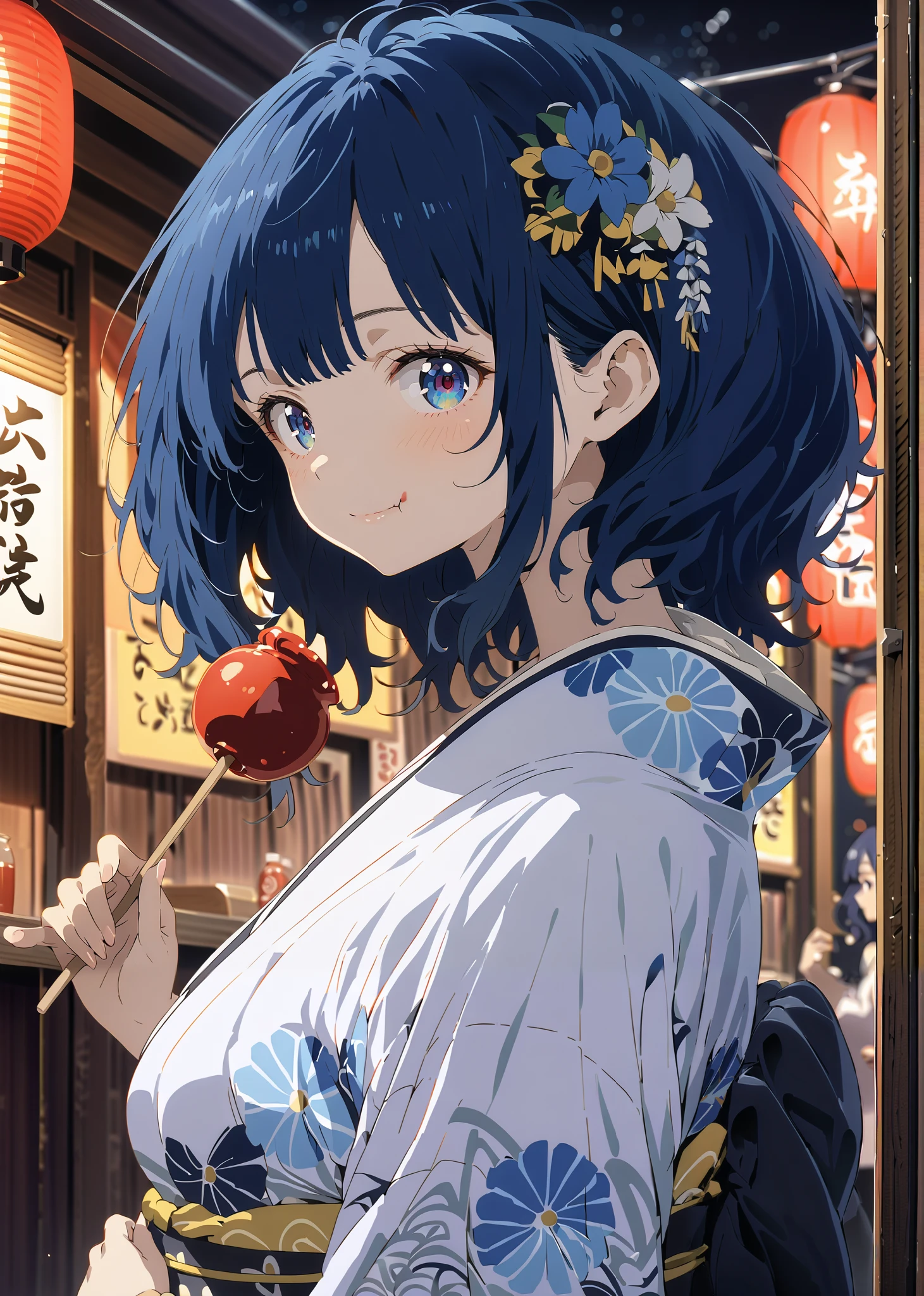 score_9, score_8_up, score_7_up, source_anime, Anayanami ,side lock,Single dumpling hair , Nape,flower hair ornament,blue eyes, stupid hair, blue hair,Big Breasts,smile,cover,Blue flower pattern kimono,turns around,Holding a candy apple with a stick in one hand,eating apple candy,Light up fireworks,Japanese stalls ,night,綺麗なnight景,mysterious,is standing,Red Lantern,fair,full bodyがillustrationsに入るように,break outdoors, Japanese festival,
break looking at viewer,full body,
break (masterpiece:1.2), best quality, high resolution, Unity 8k Wallpaper, (illustrations:0.8), (beautiful detailed eyes:1.6), very detailed face, so that it fits into the illustration, extremely detailed CG, (curved body, perfect anatomy from a shellfish),