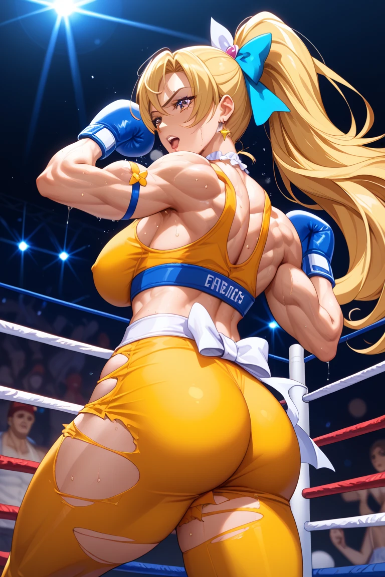 ((pregnant, injured, pregnant woman)),((yellow hair with two side ponytails, yellow eyes, full lip)),((in a boxing ring, with big breasts, in a boxing ring)), ((thick,with big breasts)),((boxing gloves)),((with big breasts,Oppai, Big Fists,asuka suit under clothes!)), huge breasts sfw