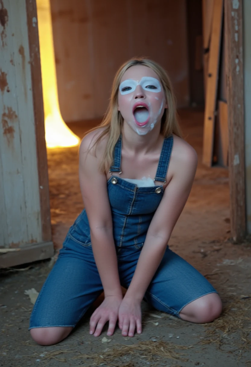 A young woman wearing naked overalls with her mouth filled with