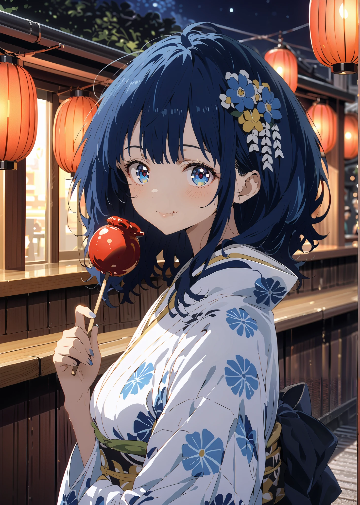 score_9, score_8_up, score_7_up, source_anime, Anayanami ,side lock,Single dumpling hair , Nape,flower hair ornament,blue eyes, stupid hair, blue hair,Big Breasts,smile,cover,Blue flower pattern kimono,turns around,Holding a candy apple with a stick in one hand,eating apple candy,Light up fireworks,Japanese stalls ,night,綺麗なnight景,mysterious,is standing,Red Lantern,fair,full bodyがillustrationsに入るように,break outdoors, Japanese festival,
break looking at viewer,full body,
break (masterpiece:1.2), best quality, high resolution, Unity 8k Wallpaper, (illustrations:0.8), (beautiful detailed eyes:1.6), very detailed face, so that it fits into the illustration, extremely detailed CG, (curved body, perfect anatomy from a shellfish),