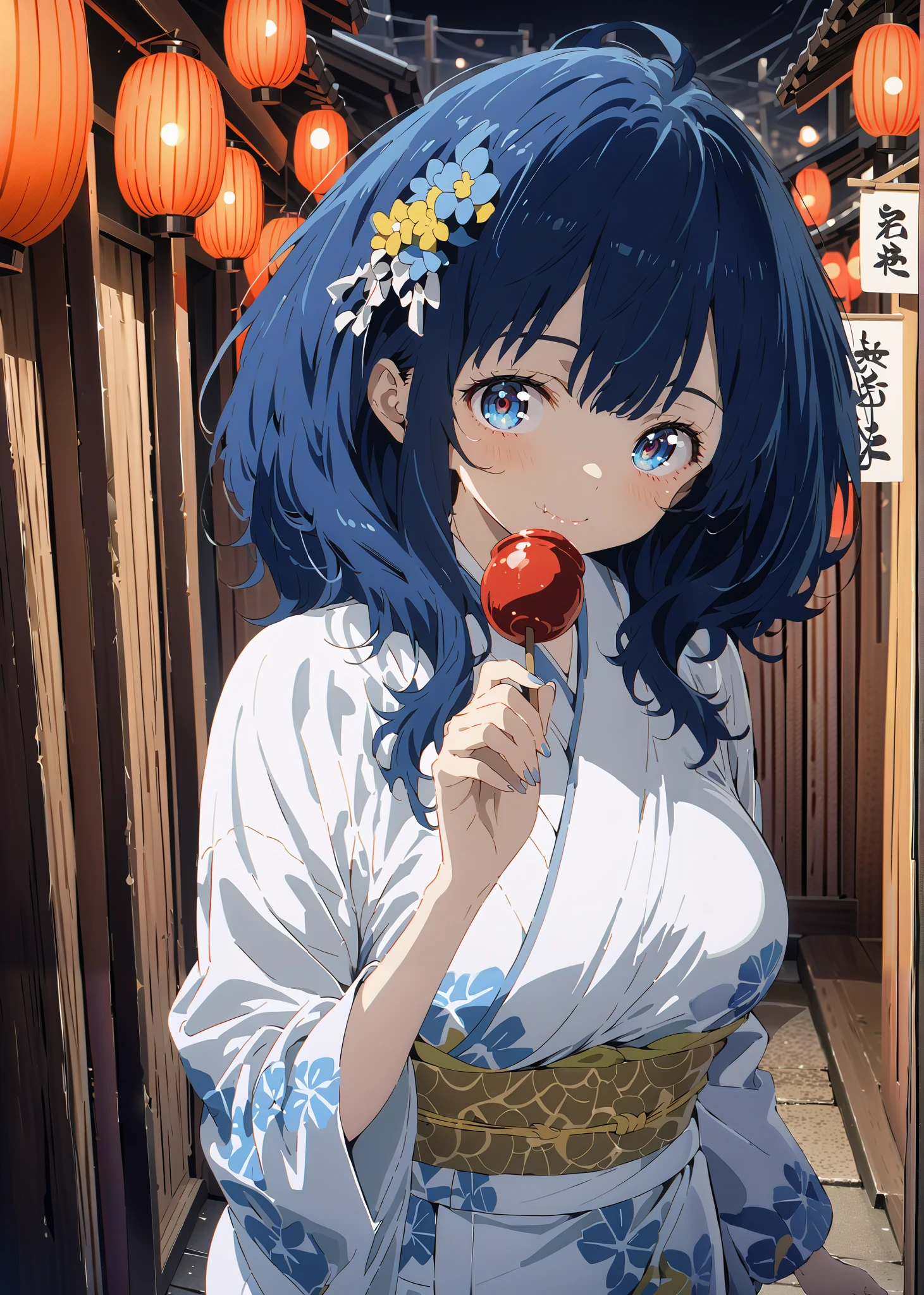 score_9, score_8_up, score_7_up, source_anime, Anayanami ,side lock,Single dumpling hair , Nape,flower hair ornament,blue eyes, stupid hair, blue hair,Big Breasts,smile,cover,Blue flower pattern kimono,turns around,Holding a candy apple with a stick in one hand,eating apple candy,Light up fireworks,Japanese stalls ,night,綺麗なnight景,mysterious,is standing,Red Lantern,fair,full bodyがillustrationsに入るように,break outdoors, Japanese festival,
break looking at viewer,full body,
break (masterpiece:1.2), best quality, high resolution, Unity 8k Wallpaper, (illustrations:0.8), (beautiful detailed eyes:1.6), very detailed face, so that it fits into the illustration, extremely detailed CG, (curved body, perfect anatomy from a shellfish),