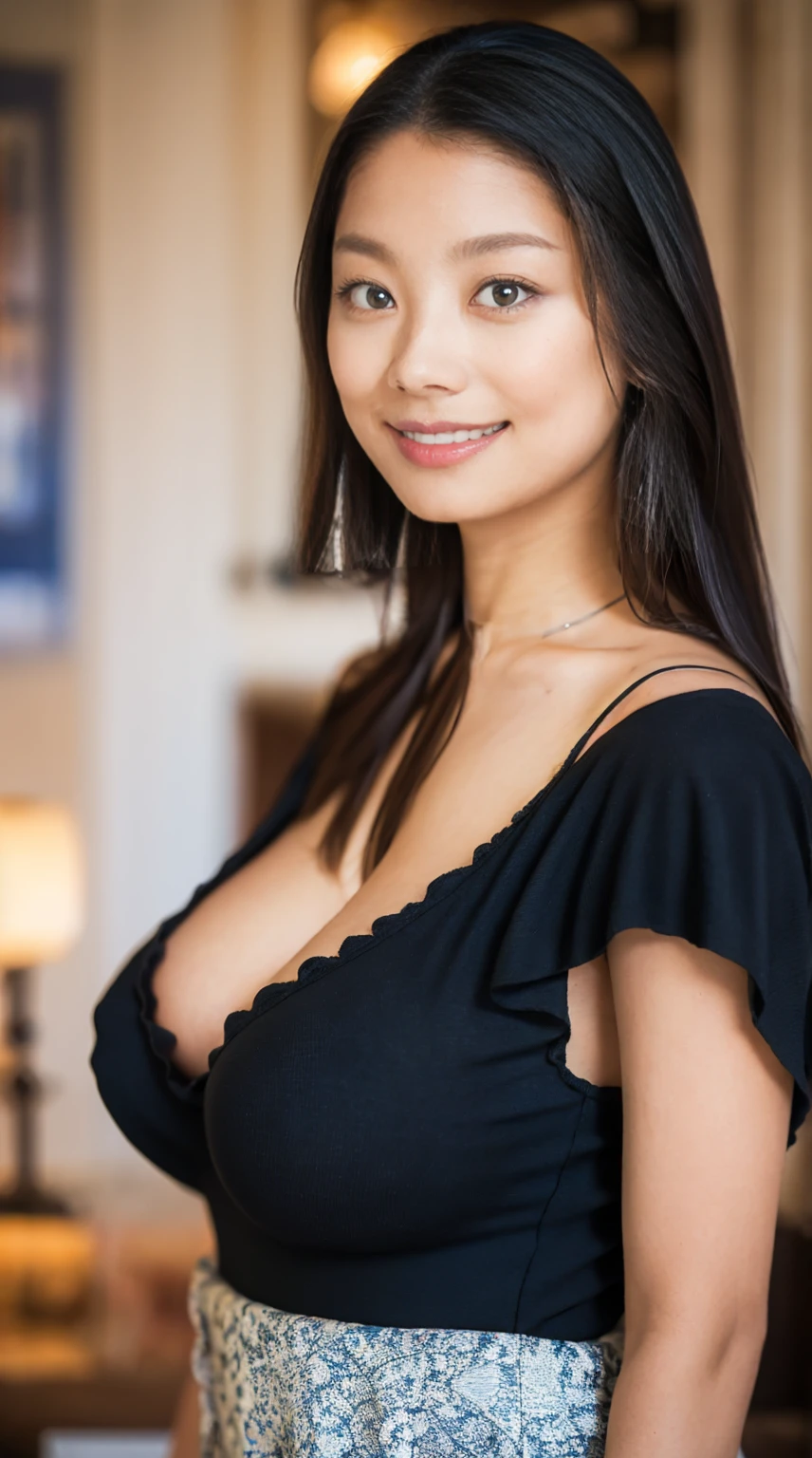 Half-length glamour portrait, nikon D850, f1.6 lens, 200mm, DSLR, 22 Megapixels, (((Penthouse suite scene))), shot of a stunning 20 years old portuguese girl, (smile:1.4), (wearing black corduroy two-piece set with gold details:1.6), ((seductive pose)), hot girl, (((big natural breasts))), (((brown ponytail hair))), (small girl), symmetrical face, photorealistic, photography, (bright natural lighting), gorgeous, deep cleavage, (masterpiece), best quality, high resolution, extremely detailed, cinematic lighting, (((very narrow waist))), rich colors, hyper realistic, lifelike texture, ((jewelry)), (((She has beautiful hands and wears rings))), (bracelet), (necklace), (ankle chain), (nail polish) (earrings), Fuji Superia 200, 8k
