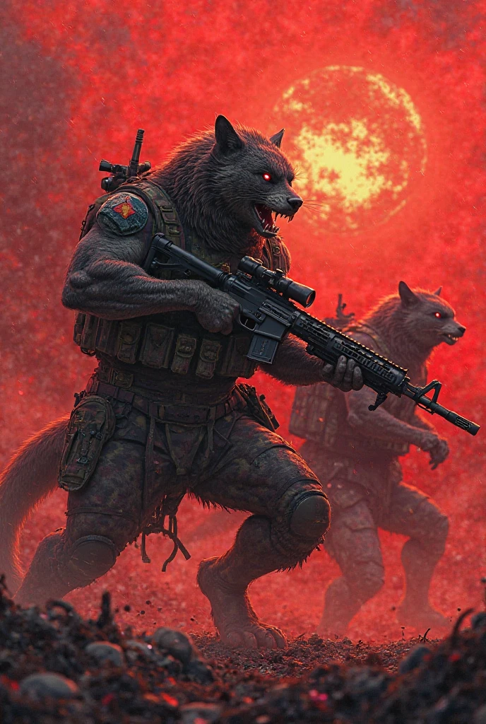 Red wolf with a shotgun around a lot of fire