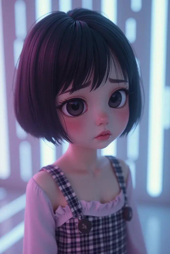((Masterpiece)), ((best quality)), (Anime:1.5), (RAW photo:1.2),(High Definition:1.3), (Professional Photography:1.2), ((12 years old)), checked pattern background, dark color, Cute , (scornful), (exposed small breast), messy short bob, Looking away, white baggy T-shirt, printed shirt, (undress loose-fitting clothes), Retro, ((leaning forward,)), extended downblouse, exposed cute bra,