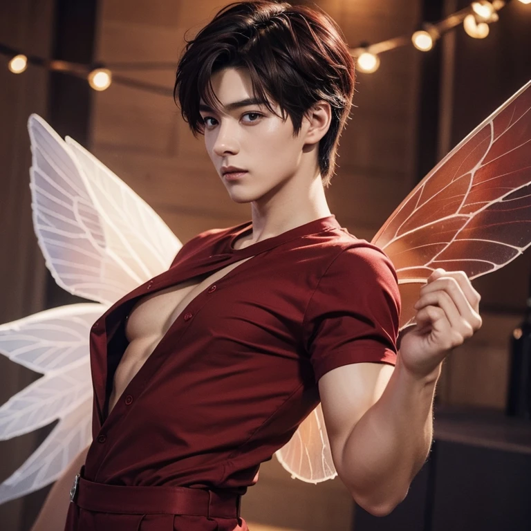 masterpiece, 8k, perfect ligthing, soft light, nice adult man, royalty, royal, golden wings, crown royal gold, chest out, male, full body, looking at viewer, arm behind back, cinematic lighting, fairy male man with red and gold details --auto