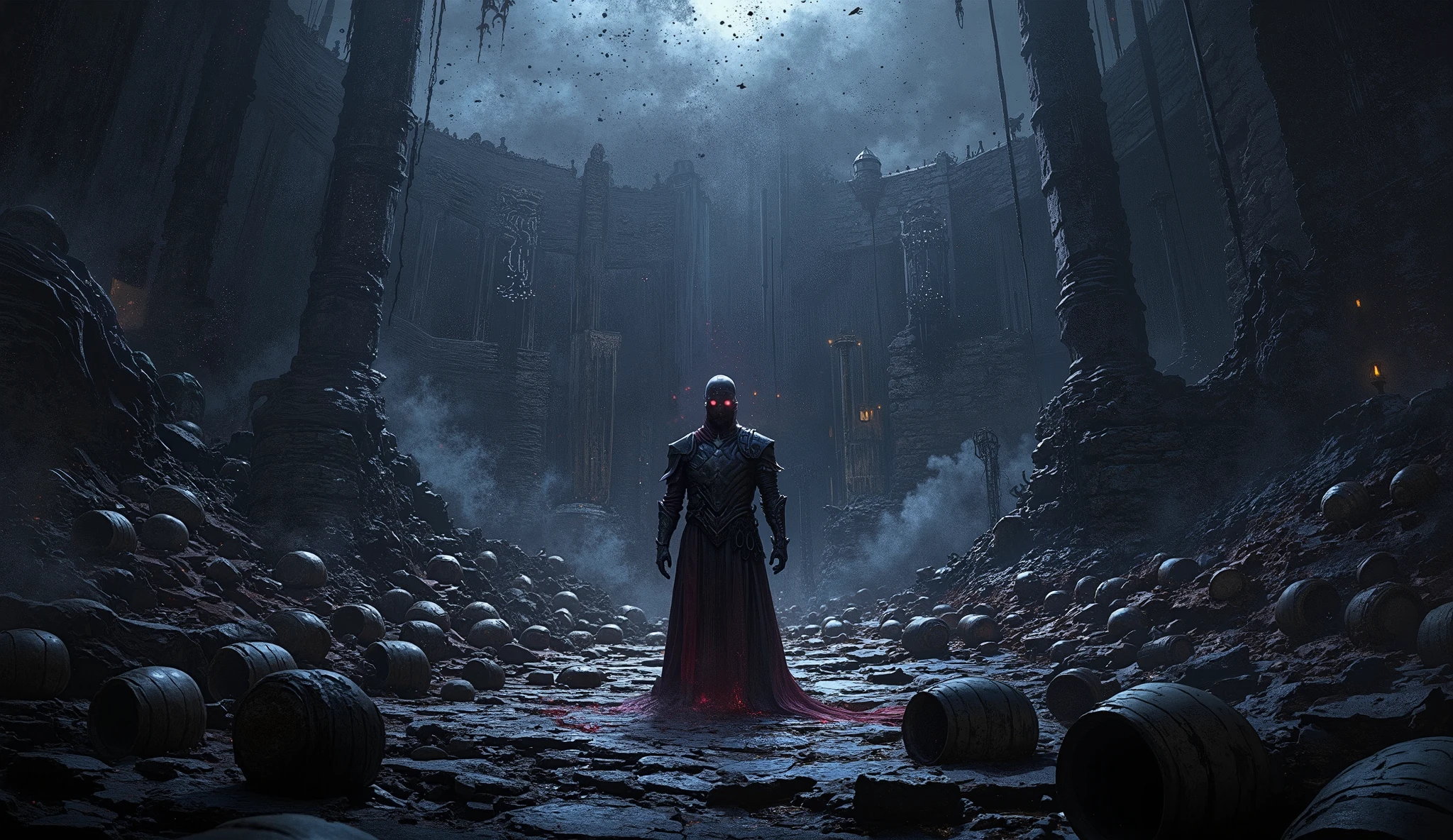 A panoramic, medieval dark fantasy landscape steeped in foreboding gloom and haunting terror. The scene is consumed by darkness, with only faint, eerie glows reflecting off black, thick rivers of beer that carve ominous paths through the land. Shadowy figures and cryptic symbols etched onto crumbling stone walls hint at a long-lost, sinister lore. Beer-making artifacts lie strewn across the grim terrain—broken lauter tuns, towering, rusted fermentation tanks, and cracked wooden barrels leaking their shadowy contents. In the foreground, dominating the scene, stands a menacing dark knight. His pitch-black armor absorbs the dim light, and his presence exudes an aura of dread. His glowing, crimson eyes pierce through the gloom, as if warning onlookers of the cursed land before him. The intricate details of his armor tell stories of countless battles fought in the abyss. All around, the atmosphere is suffocating, symbolic, and intricate, immersing the viewer in a masterfully dark and chilling vision.