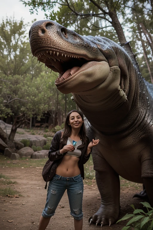 Full body sexy tiny cowgirl lifting a heavy giant dinosaur overhead