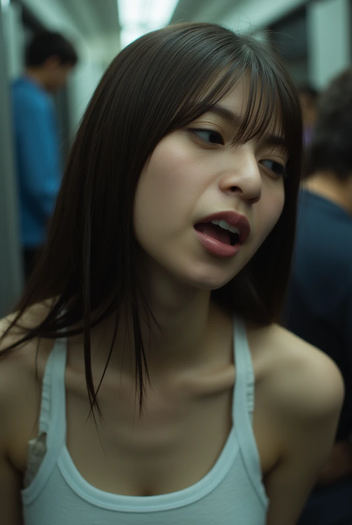 1 girl,realism, surrealism, written boundary depth, Hmm, retina, anatomically correct, rough skin, High resolution, highest quality, Super detailed, 8K (woman with open mouth and closed eyes ), 30 years old、black hair、shiny skin、close up of face,from below、realistic nostrils、elongated nasal cavity,、train、(train車内,at the window)、congestion、Rush hour commute,Are standing、Surrounded by six male passengers((suit))、man behind2人Are standing,big breasts、(sharp nose)frown performance:1.4, concept,teeth,performance,facial performances,frown,please raise your head、Skin shiny with sweat,Cumming face after being molested,beautiful japanese woman,