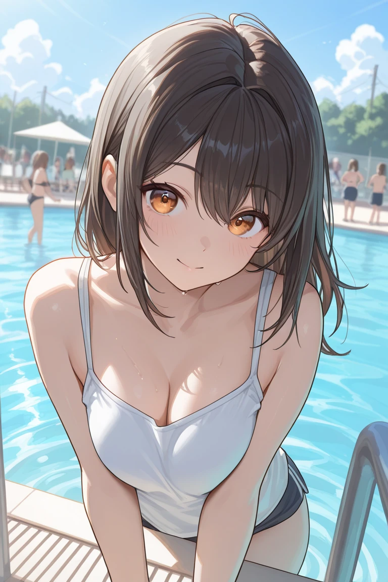 Blushing smile swimming pools、Black Micro Bikini、Pixie cut woman with brown and red hair、Red-eyed woman、
