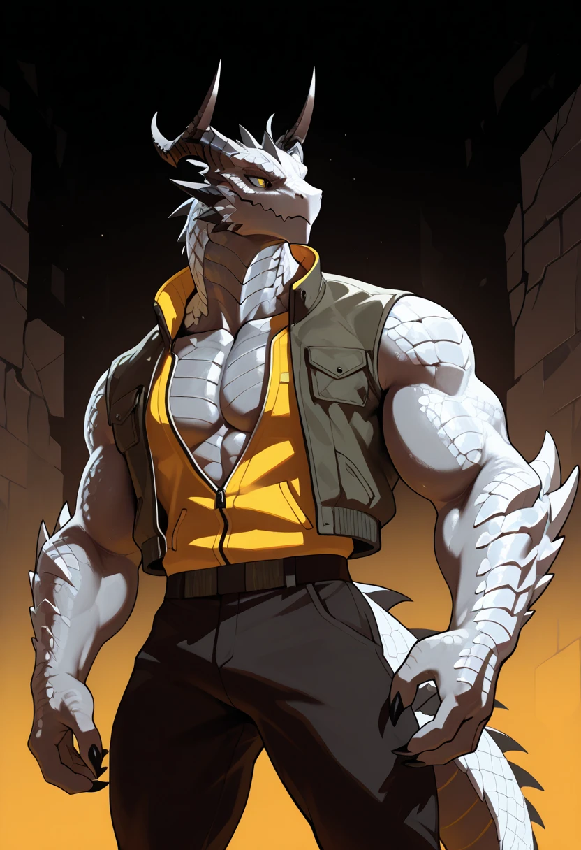 masterpiece, best quality, perfect anatomy, Bright Eyes, Provided by milkytiger,, by k0bit0wani, hairy, dragon,(trigger:0.25), male,( alone:1.1), loose clothes, (open smile:1.1), insidious , looking at camera), cowboy, (night view:0.4),abs, low angle