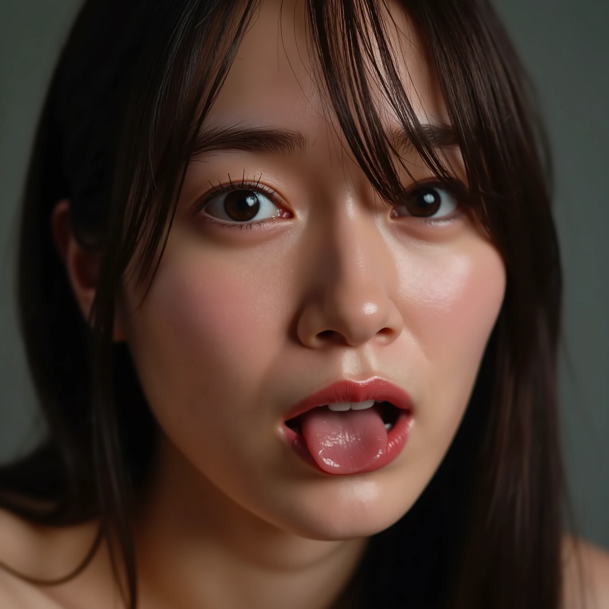(8k、 RAW photo 、 best quality、 masterpiece:1.2)、( exists、 Photorealistic)、 his hairstyle is long hair 、 make fellatio gestures 、 ejaculate on your tongue 、 my face is sweaty 、 my hair is wet 、 mouth in a woman's mouth 、 look here 、 Bob Haired Face 、Dimples、 white 、 On my face、