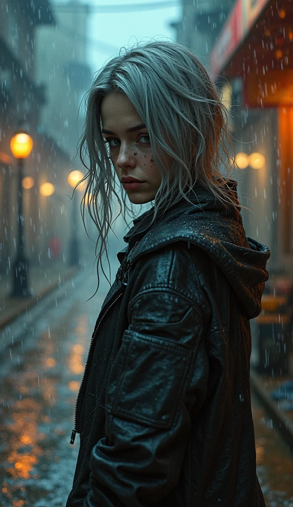 1girl, scarred face, stitches, silver hair, messy hair, gray skin, grey skin, silver eyes. sitting, street, portrait, tired expression, rain, rainy, pouring rain, view from above, wet hair, black coat, wet clothing, better_scar, scar, 
