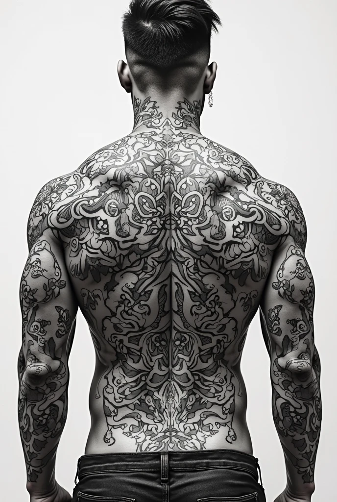 Tattoed Santa Claus with muscular arms uncovered and tattooed, cheio de presentes ao seu redor, super realismo, gothic style, fundo branco