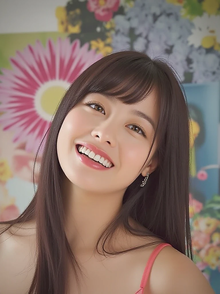 One Woman,Japanese、Beautiful Eyes,Symmetrical eyes,Slim figure, Realistic teeth, double eyelid,Long Hair、Ponytail Hair,smile、White Bikini,(whole body:1.2)