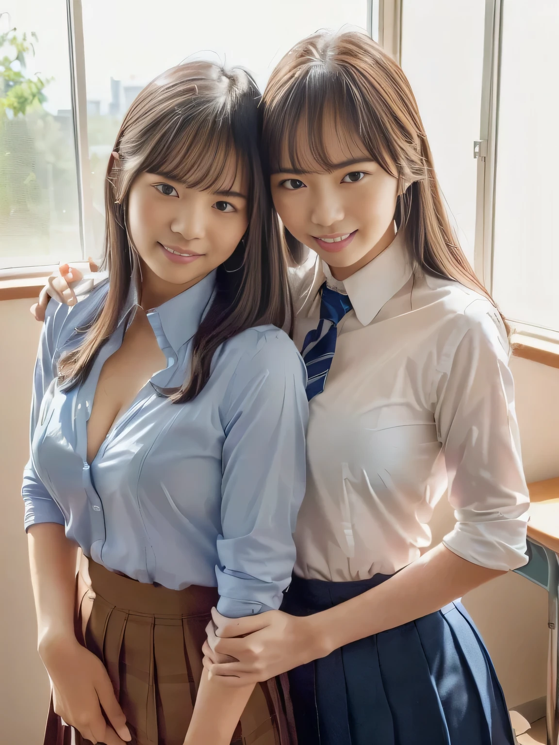 8K, RAW portrait (japanese woman),masterpiece、Photoreal:1.3、realistic, ultra high resolution, highest quality, real life photos ,( in the evening :1.1),
((((2 girls:1.5)))), (((Two girls showing off their panties in the room)))、(cute face:1.3)、日本の2 girls,((2 Japanese high school girls))、((2 real high school girls))、((Japanese high school uniform:1.6))、 blonde,slender body,、in the room、
big, beautiful, fine eyes, black hair,(Depth of written boundary:1.3)、 ((dark brown eyes:1.2))、(realistic skin texture:1.3)、(Immersive atmosphere:0.8、chiaroscuro:1.2) 、(view viewer:1.3)、((smile:1.3))、((from belowの天井:1.2))、((wearing very small silk panties))、((panty shot))、((woman rolling up her skirt))、((from below:1.15))、((close-up of crotch:1.42))、((panty shot))、((spread your legs to the side:1.4))