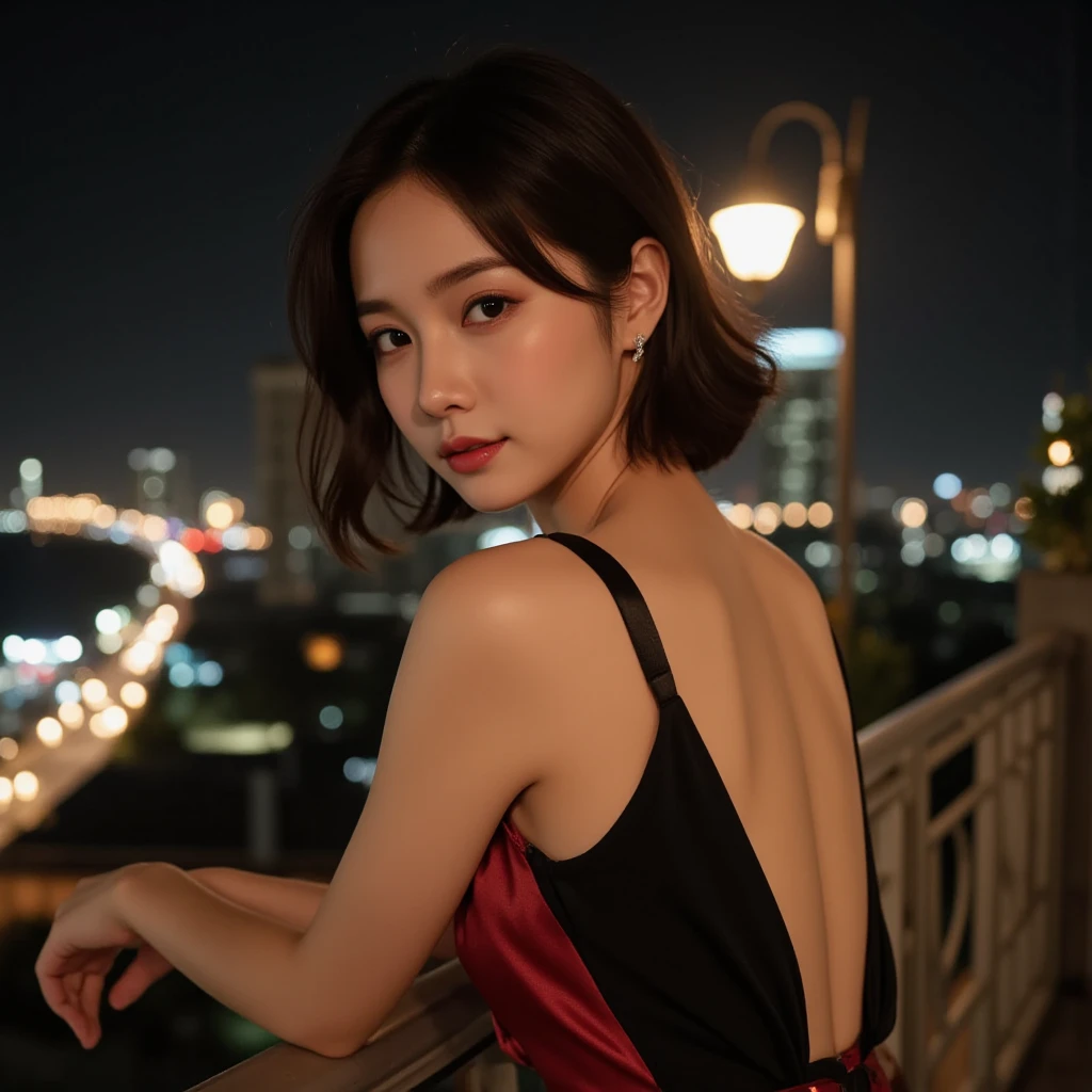 ((midynight, Need, 8k, tmasterpiece:1.3)), full bodyesbian, Long legs, Focalors:1.2, perfect figure beautiful woman:1.4, Slim abs:1.1, ((Dark brown hair, huge tit:1.2 )), standing on your feet:1.2), ((city night scene, the roof:1.3)), Highly detailed facial and skin texture, A detailed eye, 二重まぶた,Bare upper body