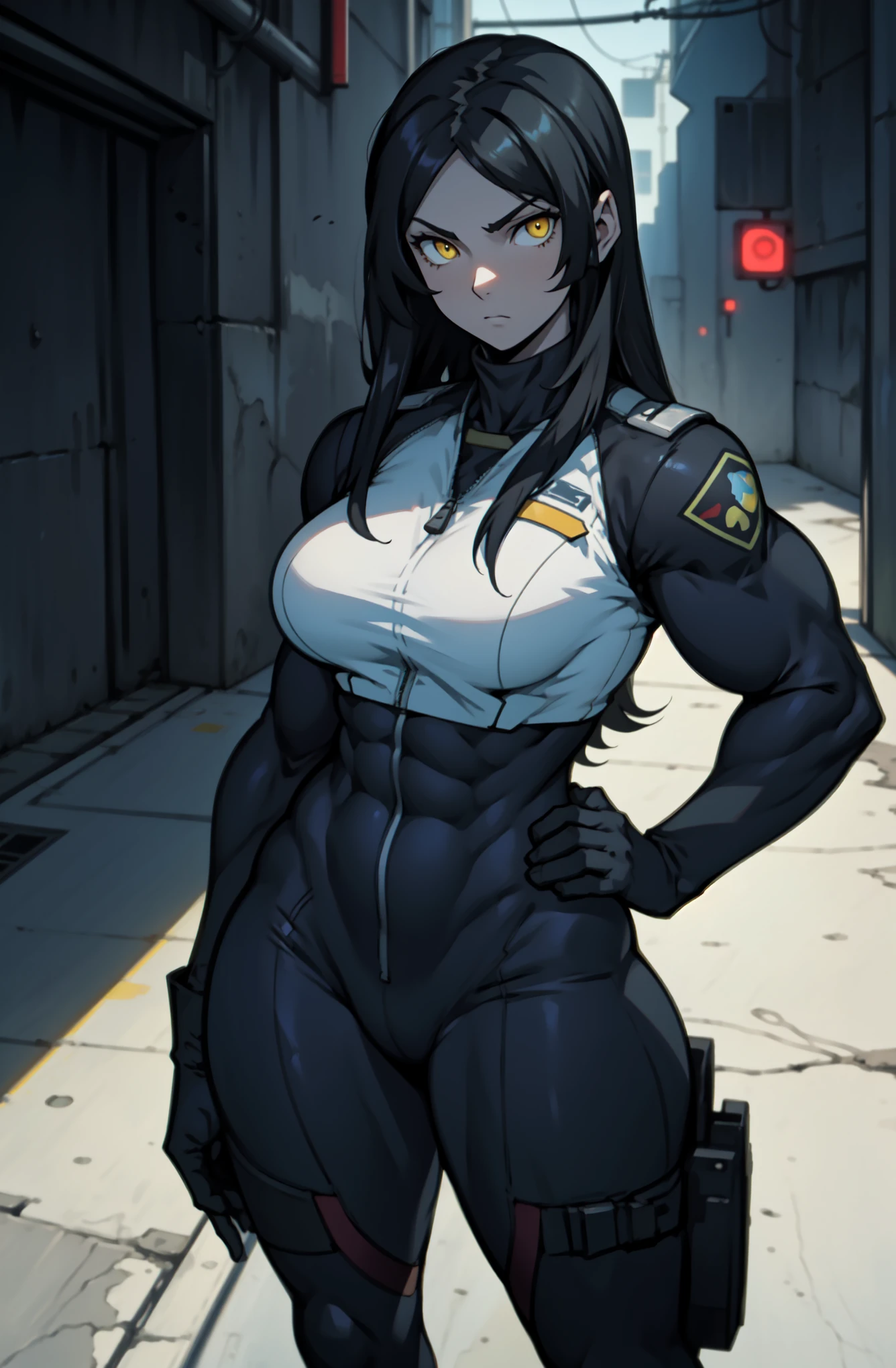 1 girl, black hair, yellow eyes, very long hair, pale skin, ((((extremely muscular)))), large breasts, curvy, concrete, shadow, dark atmosphere, (pilot suit)