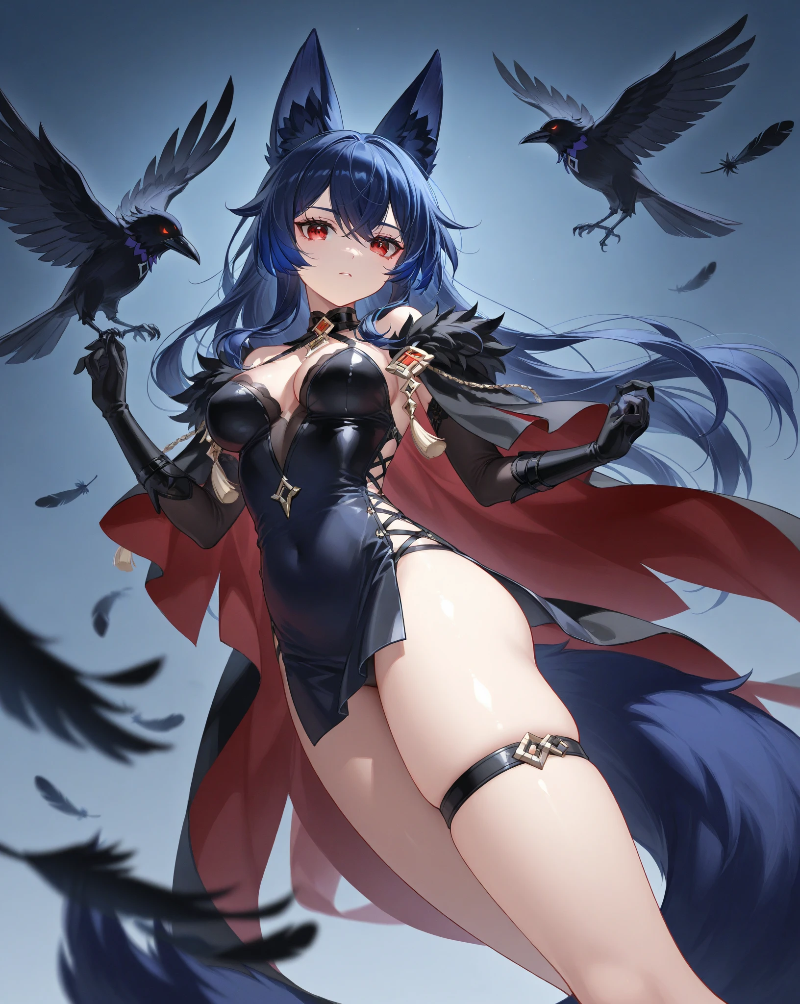An adult woman, half wolf and dragon, black hair, black wolf ears, black dragon tail, blue eyes, has a collar with a little golden heart, wide breasts, very sexy, underwear, very shy, lying down