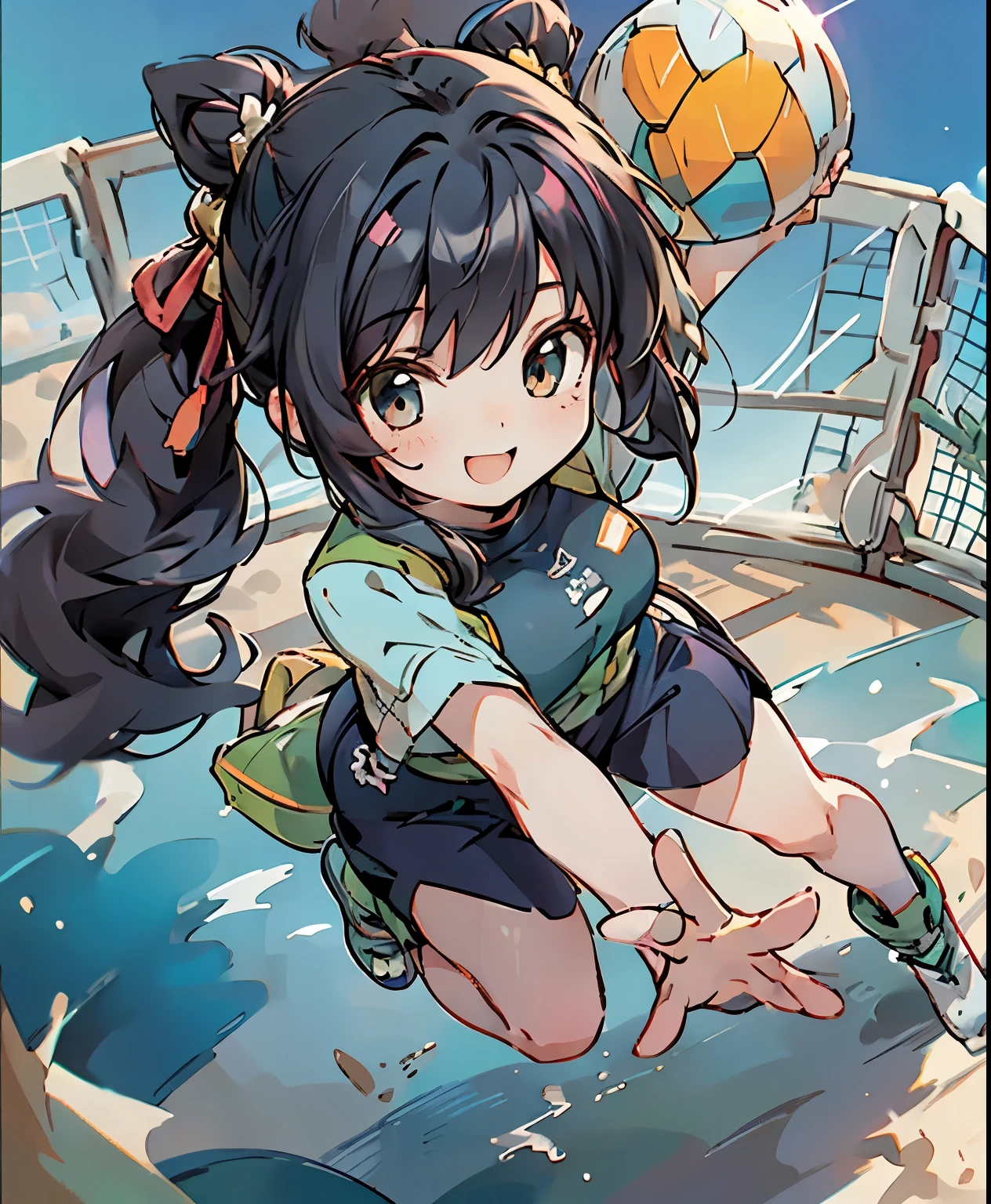 ( masterpiece、 best quality、 best quality、official art、 beautiful and beautiful :1.2)、(one girl:1.3) ,、Light green twin-tail, beautiful breasts,Only one female, from above, ( jumping high ) (Right next to the internet), (Look up at the ball), (swing and hit the ball) spike, ( dynamic posing in front of a cherry tree), (Beach Volleyball Player), (uniform with the company logo facing the ball) cropped top, (mature woman:0.8), /(black hair/) bungs, light smile, (teeth:0.8), (masterpiece best quality:1.2) delicate illustration super detailed, medium breasts, (logic:0.6) break (sandy beach) outdoor, ( beach volleyball court), Flying Sand , blue sky, detailed background