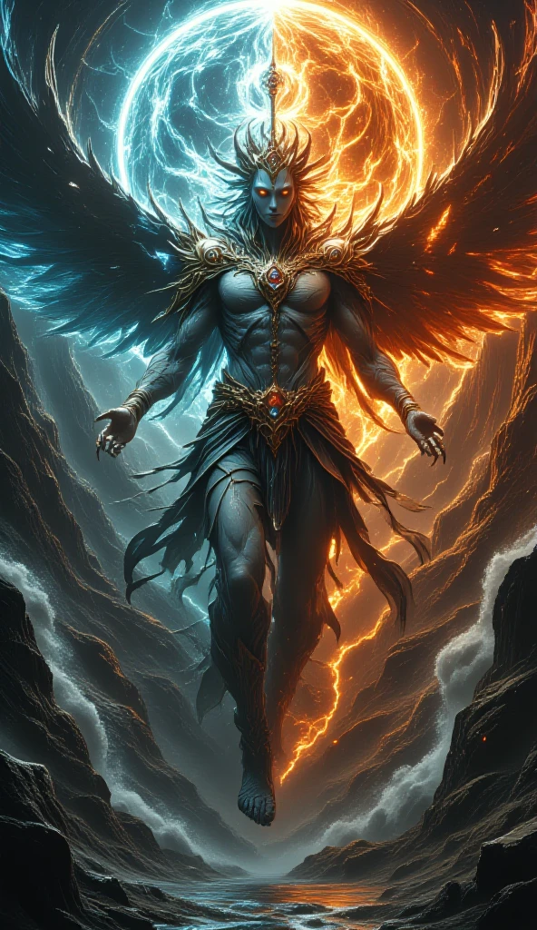best quality, ultra-detailed, black and white, monochrome, contrasting shades, high contrast, grayscale, aesthetic, A full body photograph portrait of an angel and demon facing off; a cosmic divine angel on the left, a dark fiery devil on the right, mist intensity, gold and white cumulonimbus smoke intertwined with black and red cumulonimbus smoke, intense clouding, ink smoke, fantasy, Etheral, breathtaking intricate details, realistic and lifelike 3DHR perfect render, dramatic bright natural lighting, bokeh depth of field