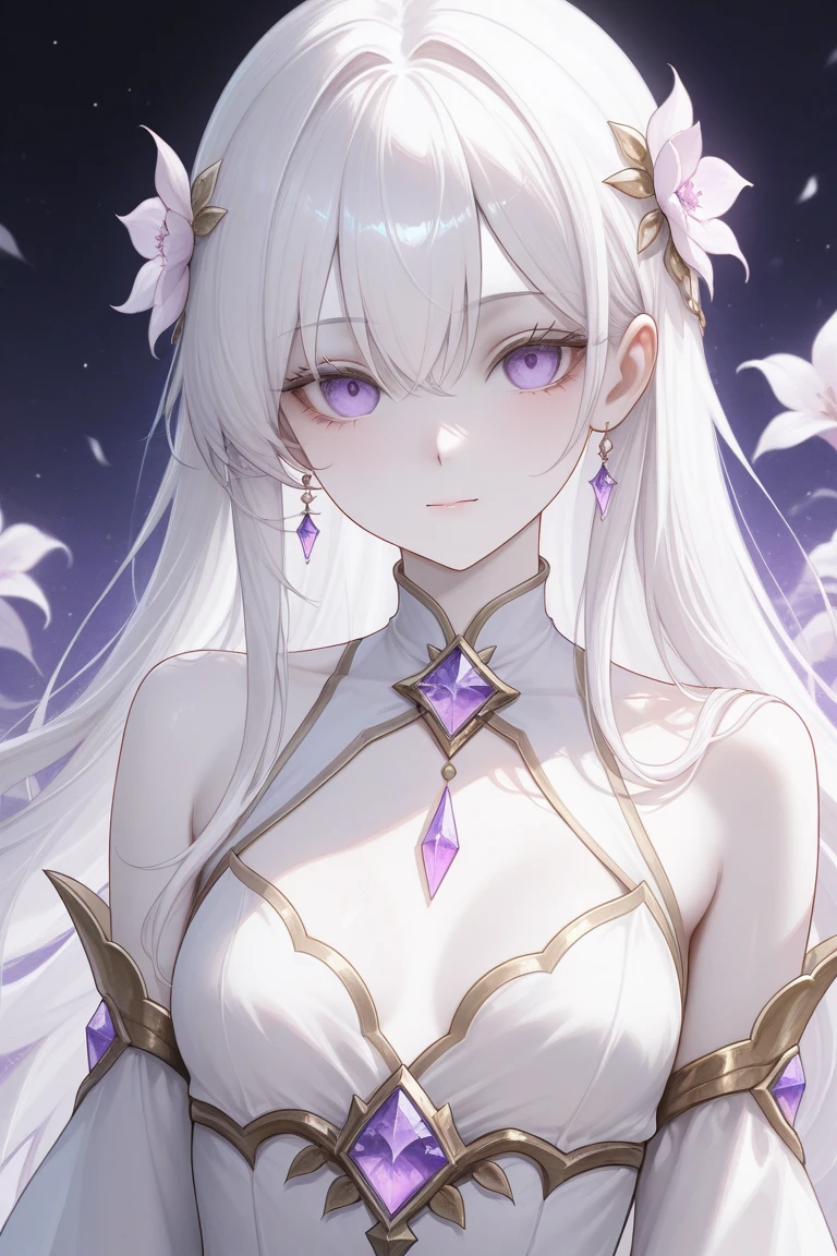 very tall woman, beautiful, violet eyes, long silver hair 
