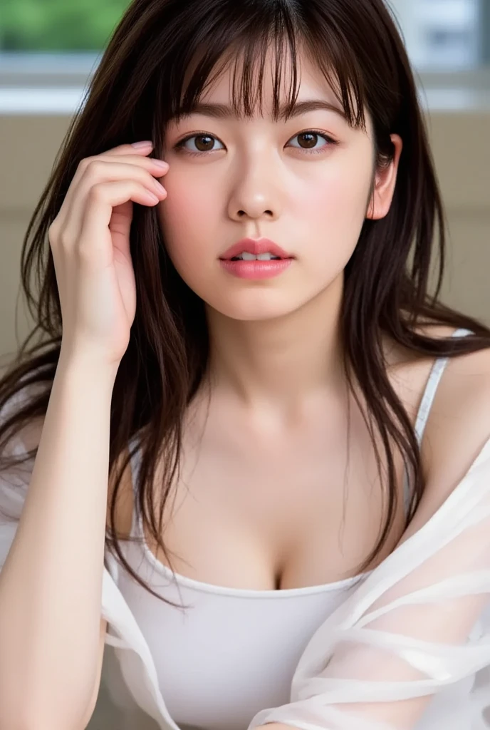 masterpiece、Highest quality, Ultra-high resolution、8k,photograph、1 person, (Skin dents), {{Large Breasts:1.8}}, bright, Blurred Background, (Asymmetrical bangs, Please comb your hair、very long wavy hair:1.5), (Floating Hair:1.0)、(Loose-fitting gathered blouse、Lavender color)、soft, drooping udder、I can see the cleavage、The upturned, narrow eyes are cute、sad、grassland、Spring Sky、Soft sunlight
