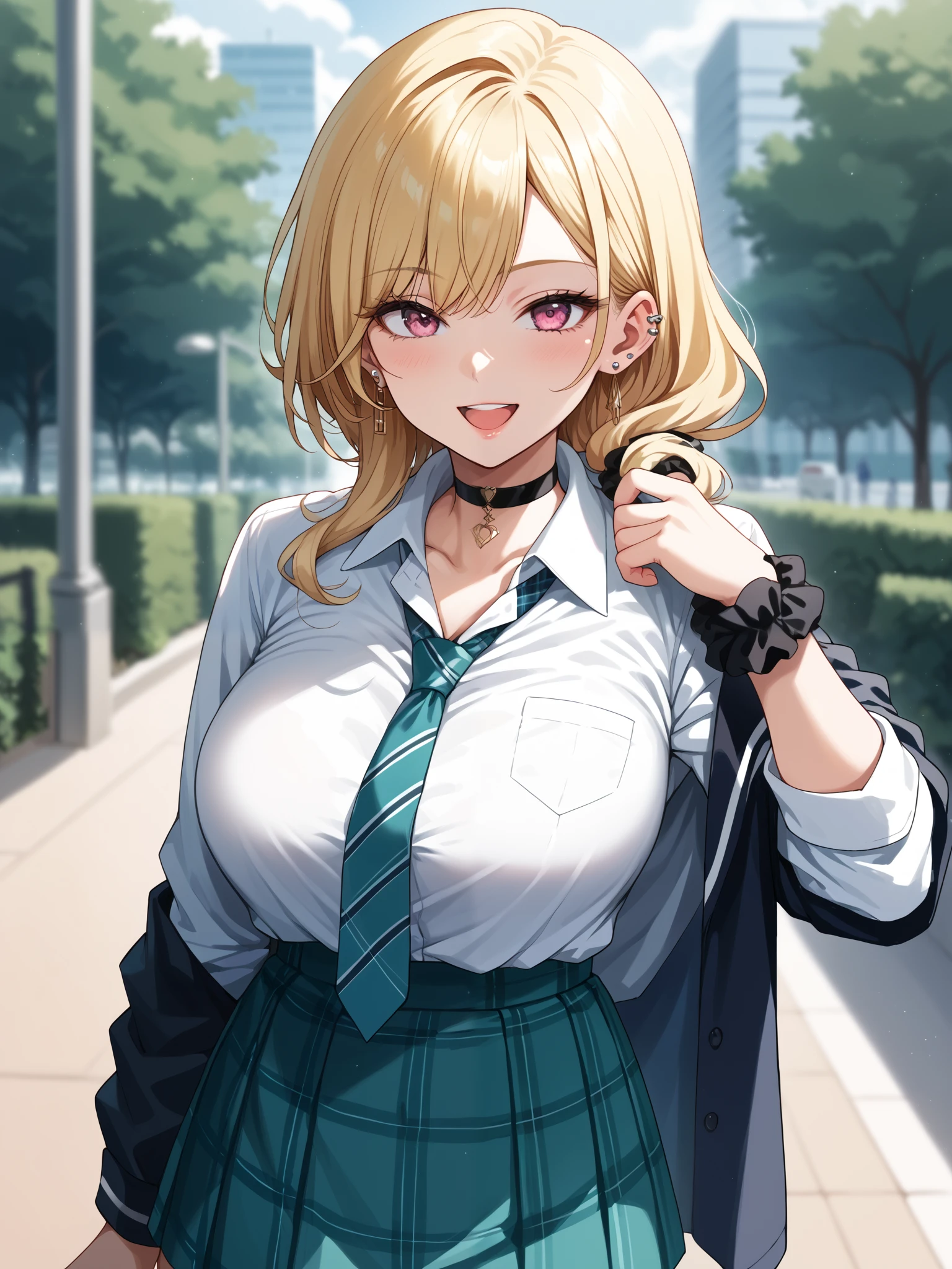 girl, fit girl, KJOmarin, blonde hair, length hair, pink eyes, earrings, Ear Piercings, multicolored hair, score_9, score_8_up, score_7_up, source_anime, masterpiece,best quality, huge chest, fancy fix,1人のgirl, jewelry, tie, earrings, skirt, chest, shirt, length_hair, thighハイソックス, wrist_scrunchie , big_chest, choker, white_shirt, open_mouth, on fe_in_viewer, thigh plaid, smile, , collared_shirt, tied_shirt, thigh plaid_skirt, green_skirt, 前hair, Alone_concentrated, schools_uniform, red_tie, outdoor, shirt_Tucked _in, black_choker, scrunchie , sleeve_ wrapped_up, pleined_skirt, thigh, blurry_background, clavicle, white_thighハイソックス, parted_前hair, skindentinion, :d