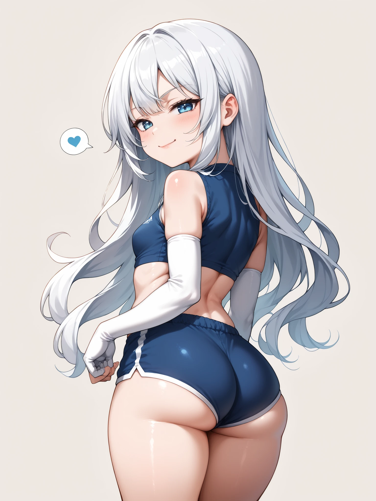 score_9, score_8_up, score_7_up, masterpiece, best quality, poses with strong sexual depiction,change, Erinkle ,1 girl, Alone, white hair, long hair, Viewers, Uneven Skin, , smug , Back, small breasts, crop top, shorts, Hip, thigh, elbow gloves , thighハイソックス, is standing, shortstack, animetoreal