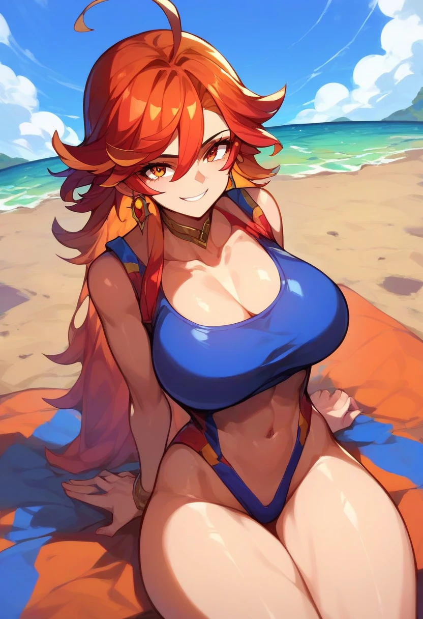 masterpiece, best quality, sumMym, horns, choker, hair flower, hair ornament, one-piece swimsuit, bracelet, huge breasts, thick thighs, dragon tail, beach, sand, starfish, waves, seagulls, looking at viewer, smile, hand to chest <lora:mym-nvwls-v1-000009:0.9>