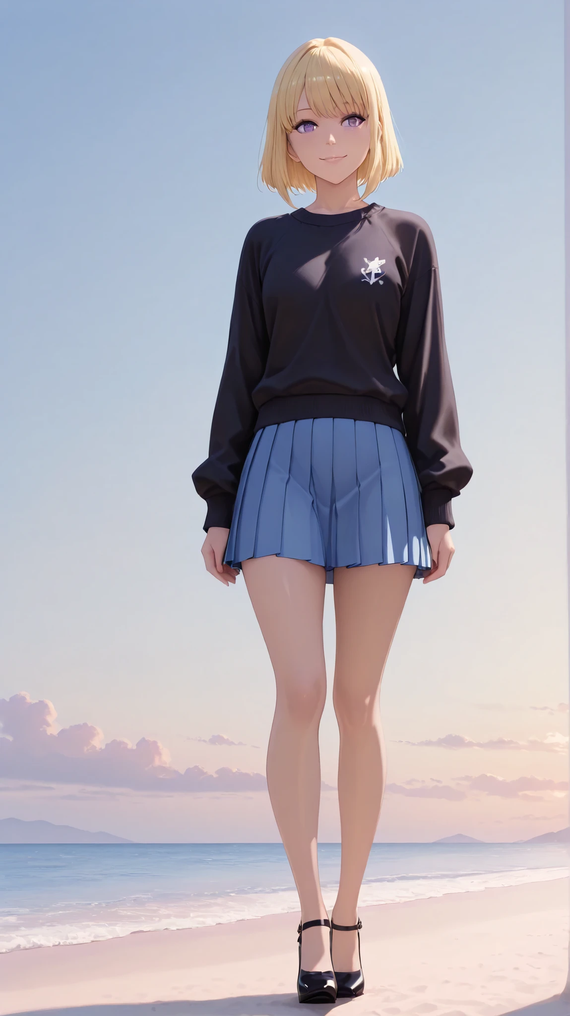 unrealistic high resolution,Solo Level Up Anime Young Woman, She's Fair Skin and Blonde Bob Hair、Has Striking Purple Eyes, her chest is medium , she's wearing a black sweater ,She is wearing a marine blue pleated skirt, smile, She's standing , she's standing facing the front ,black high heels,with a beautiful sandy beach in the background,