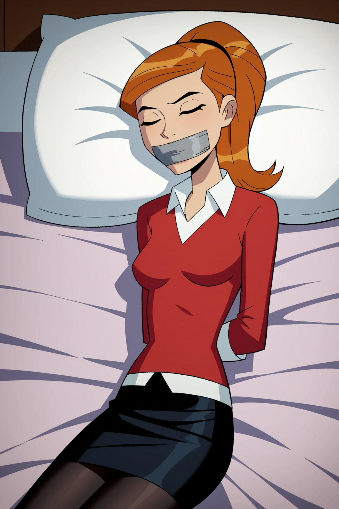 score_9 , score_8_up , score_7_up , score_6_up , score_5_up , score_4_up , BREAK , 1girl , Gwen Tennyson , orange hair , ponytail , green eyes , red and white outfit , red sweater , white shirt , short black pencil skirt , pantyhose , bed , bedroom , looking at viewer , lying on the bed , (arms behind back:1 . 4) , grey tape , best anatomy , half body , 1girl , mouth close , tape gag , tape gagged , gag , tape , improvised gag , blindfolded , mouth close , mouth covered double tape , lips covered double tape , eyes closed , sleeping , sleep1