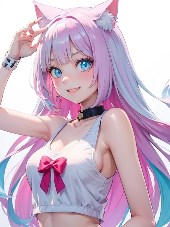 White hair. Long hair. Inner pink hair. Anime girl. Pink eyes. Glowing eyes. Nekomimi. Smile. Tanktop. Mountain. Armpit. Wet .