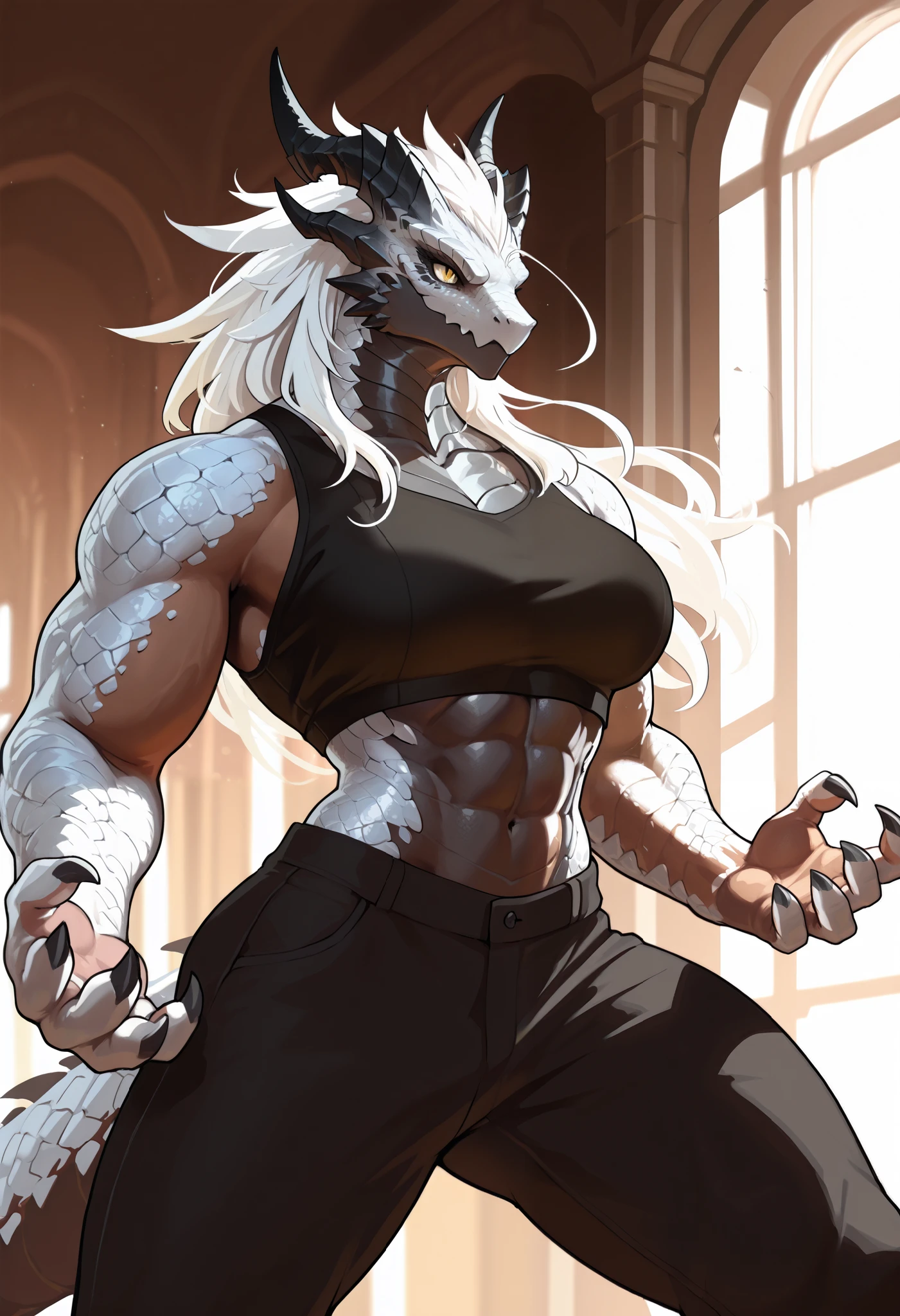 muscular creature, anthro dragon, dark horns, yellow eyes, short spiky white hair, black crop top, pants, sharp claws and scales, silver scales on arms and legs, calm pose, athletic, posed in a dynamic stance,dark skin tone, BREAK background is simple and muted, with a gradient effect and soft, neutral tones.