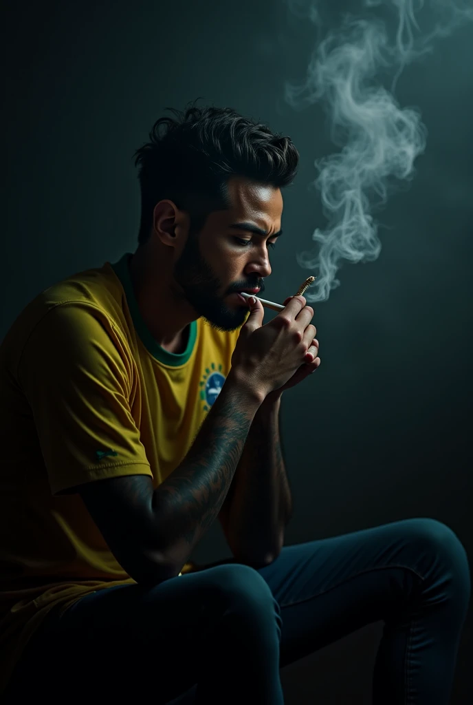 Best image quality, ultra realism, seated man, 20 year old face, rounded head, hair forehead, glasses lens matte black, no beard, round chin, smoke coming out of mouth, smoke covering mouth and nose, shiny silver chain, bodybuilder's body, skin texture, well-defined pixels, well-defined shapes, well-defined image