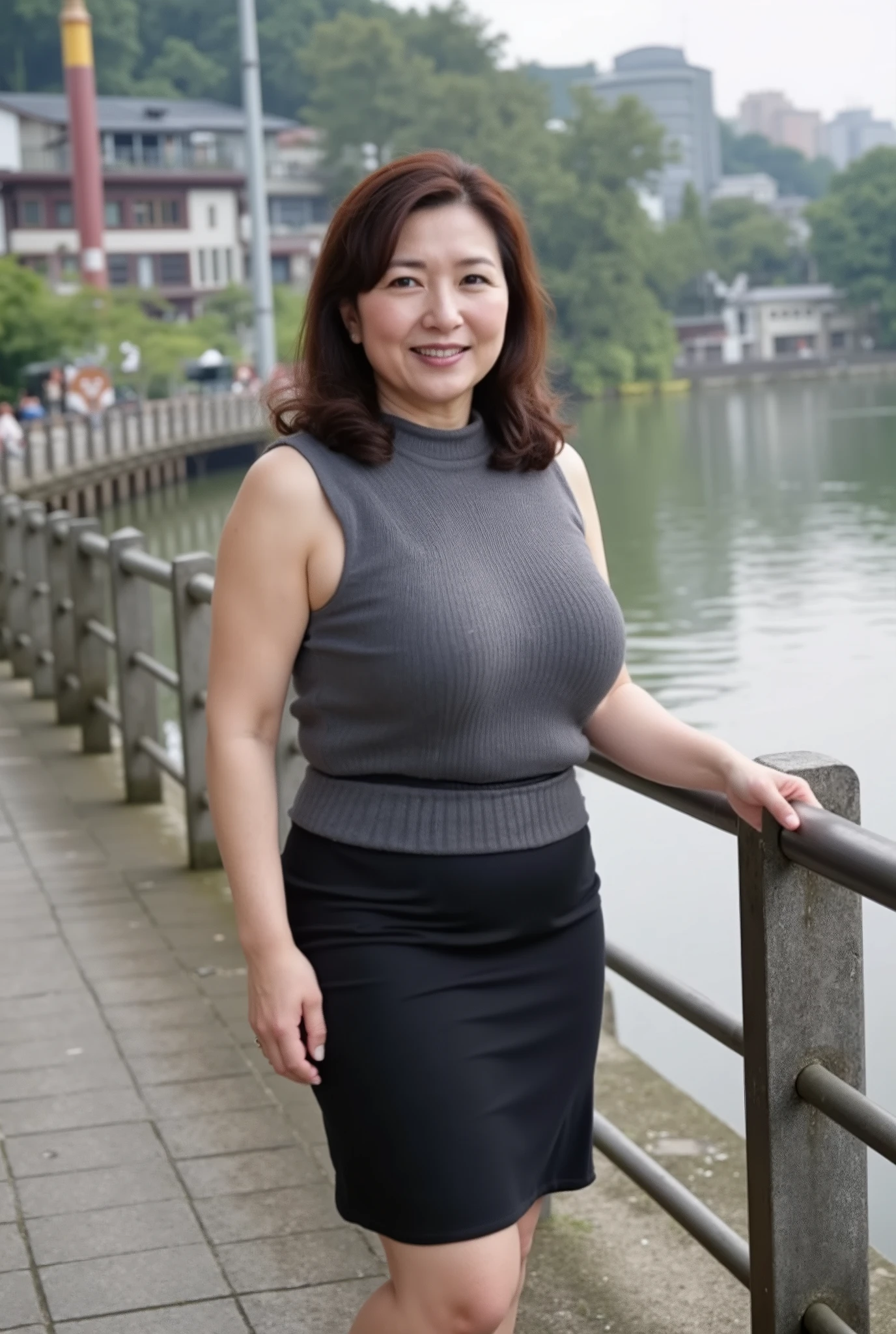 丰满The background of the 46-year-old 东北阿姨在初春的江边。Leaning on a riverside railing, the surface of the river ,House in the distance,Building, Living Area ,Shops,passing vehicles,pedestrian。full body portrait,Organic Photography、 best quality 、 masterpiece、。The background of the 46-year-old 、plump and obese body、 with an elegant face , She has fine wrinkles around the corners of her eyes 、 Lovely smile 、 Wearing a sleeveless turtleneck sweater,Pencil Skirt,curls、fair skin,real skin texture, thick body , Flat Stomach ,Big Guy, Big Guy,blurry background