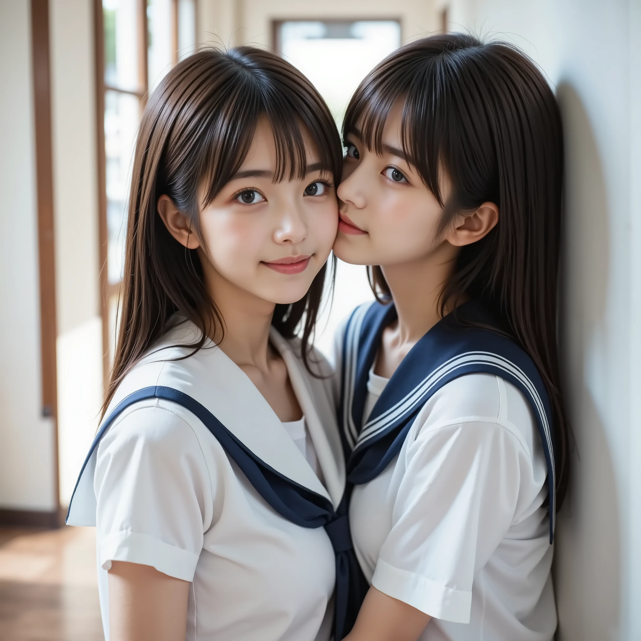 (realistic, photo-realistic:1.4), ( best quality,  masterpiece :1.2),  RAW photo ,  high image quality ,  Intricate Details,  very well detailed,  sharp concentration,   cinematic lighting same height , ( very well detailedなクリアフォーカス:1.5), break, (full body, Front Map:1.5), (  and a beautiful Japanese beauty idol with super details:1.7), ( Yuri Couple ,  two girls,     tall girl and short girl   :1.6),  Two Japanese female idols leaning against the wall giving their husbands a kiss, (  Couple hugging each other tightly   、Kiss me softly :1.5), ( Leaning against the wall outside the classroom , Xiaoyan, thin,   slim, slender, thin legs, (Bare legs, thigh, sailor suit,  school uniform:1.4),  black hair, ( completely complete,  detailed face ,  Beautiful Detailed Eyes ,   sophisticated nose ),  pale skin,
Photo Backdrop  , indoor, corridor,