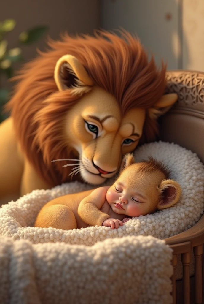 At night the lion dreams of returning home with the baby.