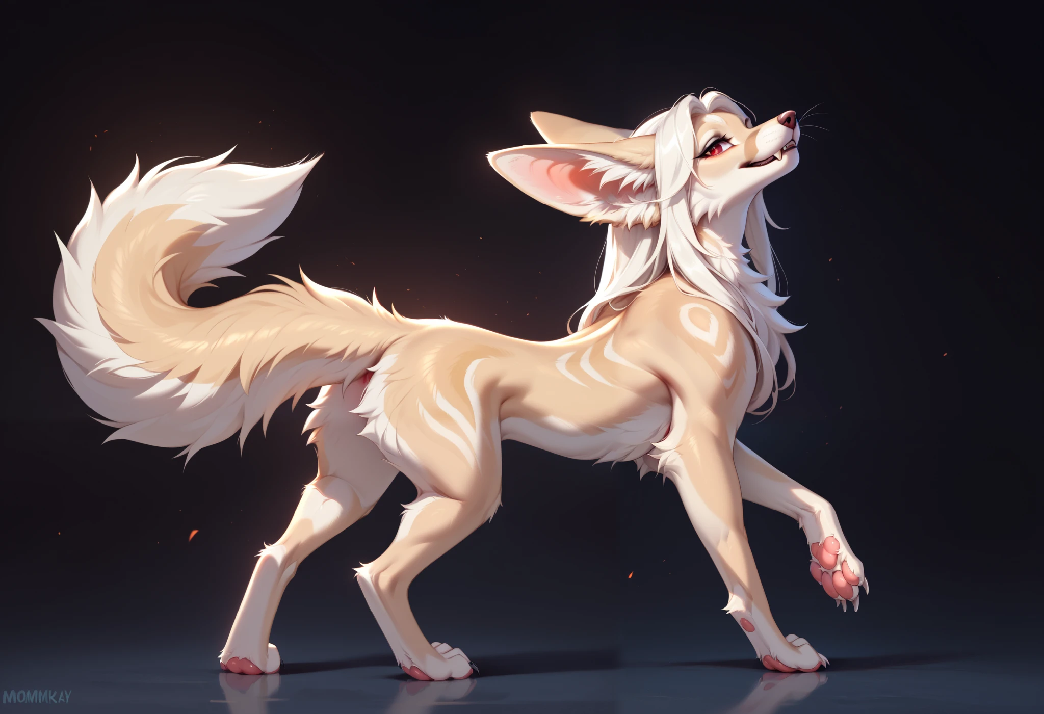 by Zackary911, by Kenket, by Kilinah, by fluff-kevlar, feral, mommy female white fennec fox, solo, long white hair, red eyes, fangs, full body, one big tail, dark background. dark priest with black and red cloack, seductive pose, three quater view, back view, full body concept, realism