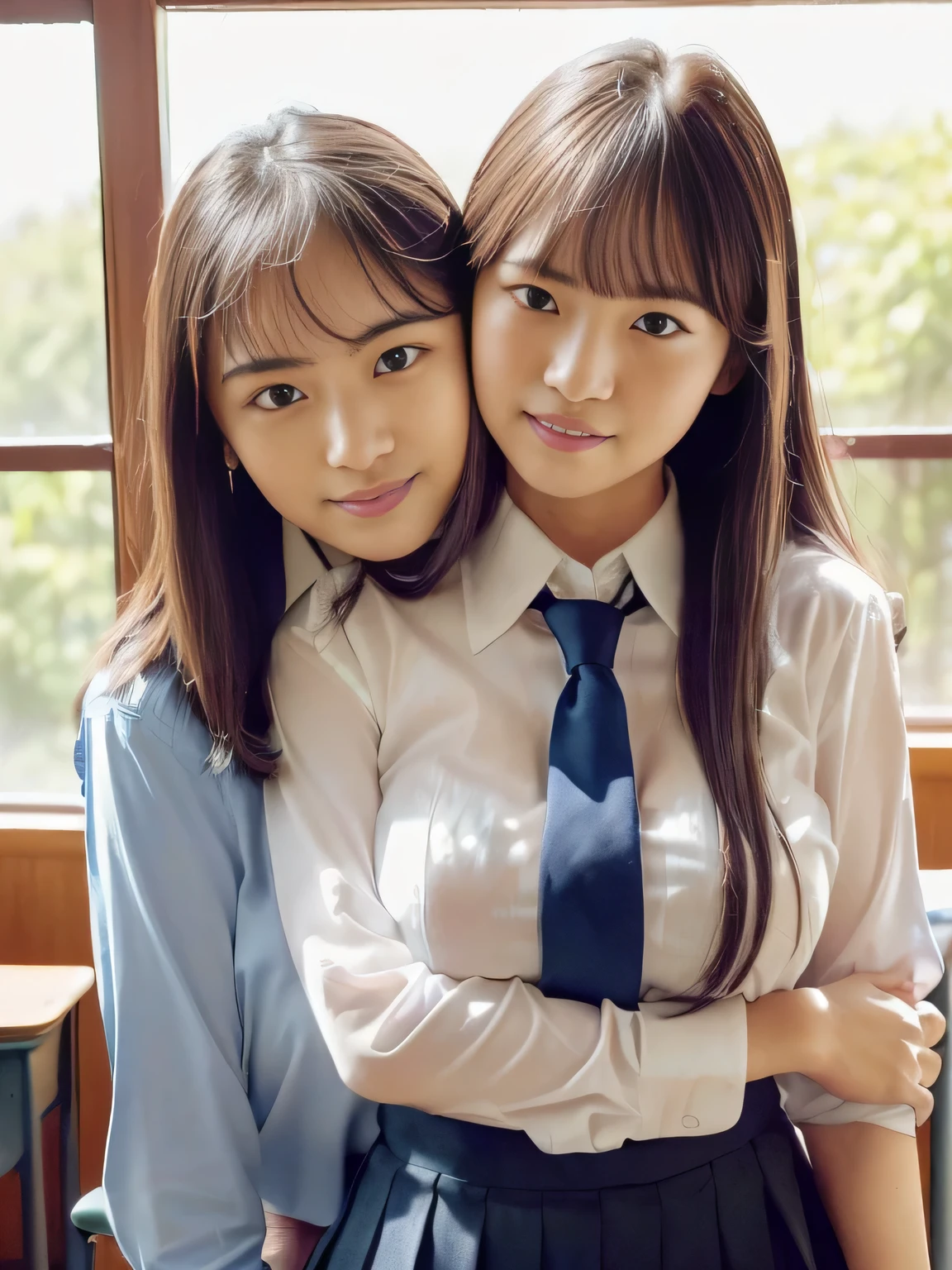 (((school classroom)))(((Lots of desks and chairs)))(((Window seat)))(((lesbian couple portrait )))、(((Highest Image Quality、highest resolution from vagina、masterpiece、8k)))、(((detailed face)))(((cute face)))(((Baby Face)))(((Young contour)))((( Lovely facial features)))、((( Blizzard 10 )))(((model figure)))((( Perfect pose line)))、(((Big Breasts 2.0)))(((large cleavage by lapis lazuli 2.5)))(((nsfw)))、(((long straight hair)))、(((School uniform 1 .0)))、(((school-designated blouse 1.0、 collared blouse shirt 、pleated skirt 1.0)))((( dynamic posing in front of a cherry tree)))(((RANDOM POSES)))(((dynamic back hug shot 5.0)))、(((back hug 2.0)))(((sexy back hug shot 2.0)))、(((smile with raised corners of mouth)))、(((lesbian couple shot)))(((lesbian couple in love 5.0)))
