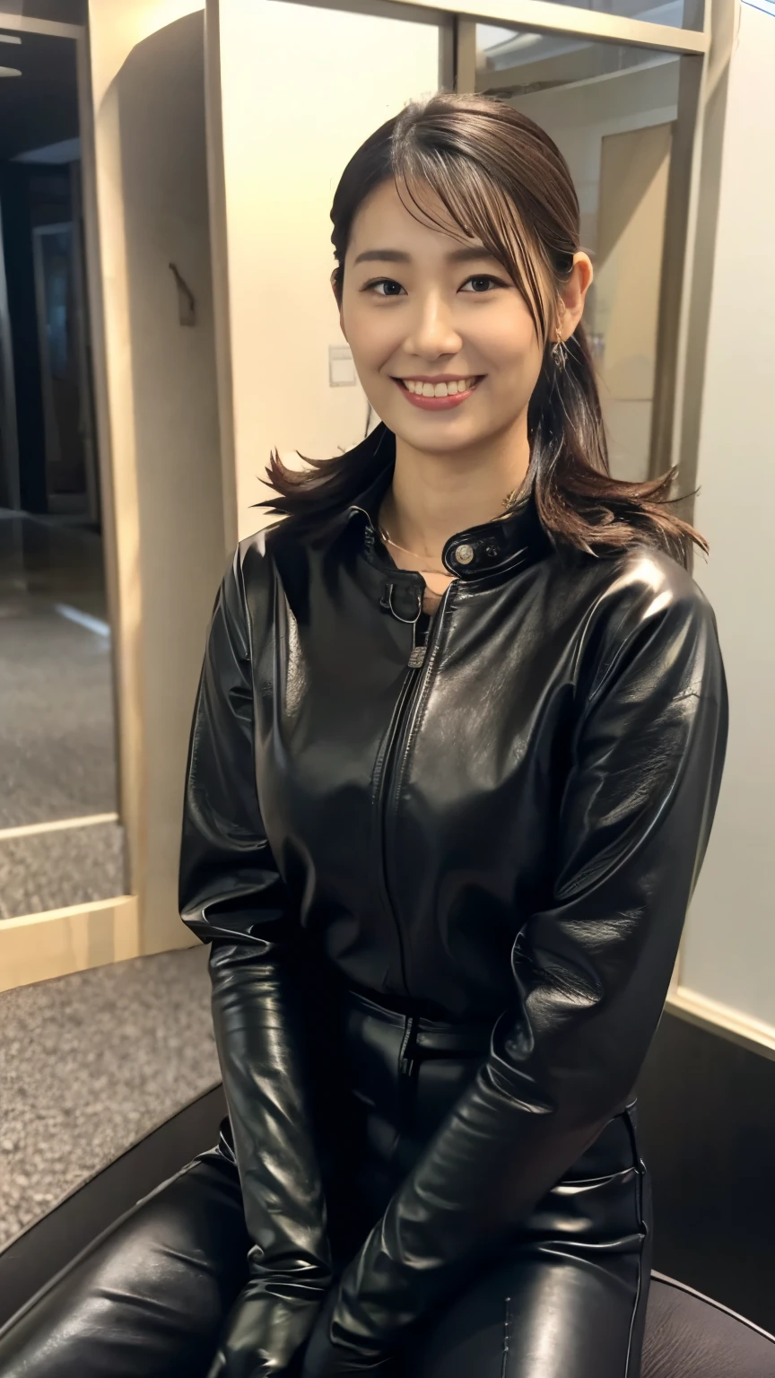 最high quality, 8k, Vibrant, Sharp focus, high quality, High resolution, Middle-aged women, Mature Woman, 55 years old, (Whole Body Ezbian), (High heels face detail, Highly detailed eyes, Plump figure、Plump face、((big 1.6))、(((Large Breasts)))、((Black leather clothing))、garden、Random Hairstyles、A kind smile、